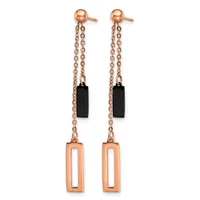 Pair of rose gold chain drop earrings with black rectangular stones and hollow rectangular rose gold pendants, shown against a white background.