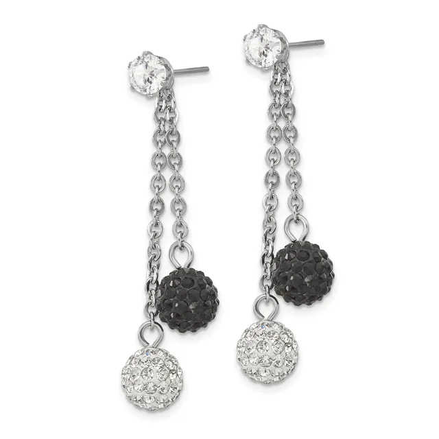 Pair of sterling silver drop earrings with cubic zirconia studs, chain links, and dangling black and clear crystal-encrusted spheres.