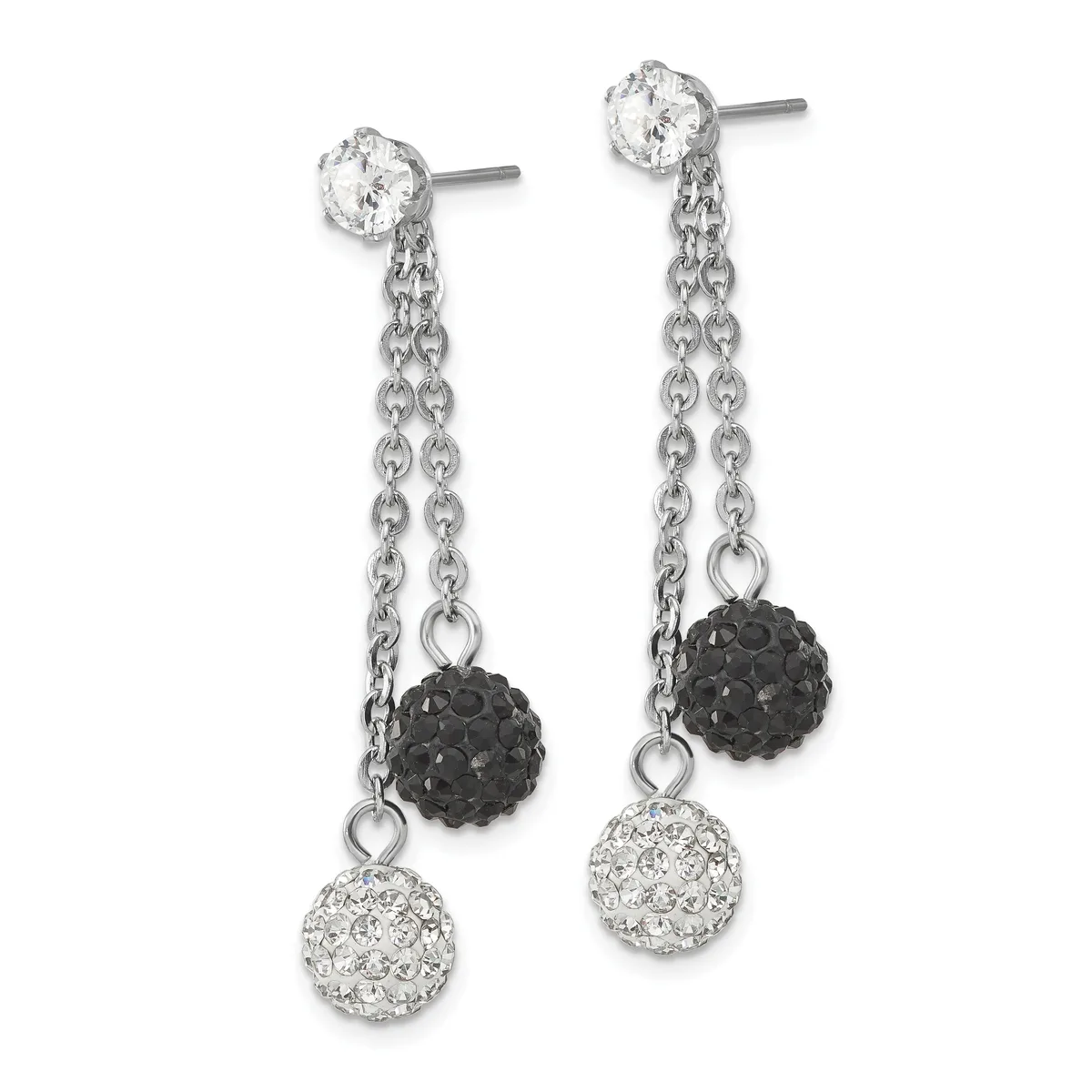 Pair of sterling silver drop earrings with cubic zirconia studs, chain links, and dangling black and clear crystal-encrusted spheres.