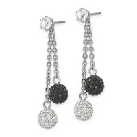 Pair of sterling silver drop earrings with cubic zirconia studs, chain links, and dangling black and clear crystal-encrusted spheres.
