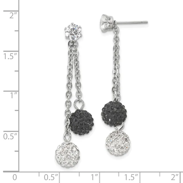 Pair of silver drop earrings with round crystal studs at the top, connected by chains to black and clear crystal ball charms below, shown next to a ruler measuring approximately two inches long.