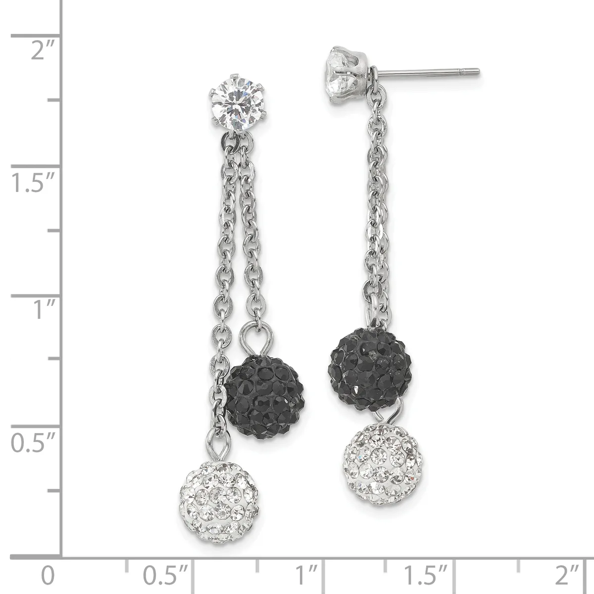Pair of silver drop earrings with round crystal studs at the top, connected by chains to black and clear crystal ball charms below, shown next to a ruler measuring approximately two inches long.