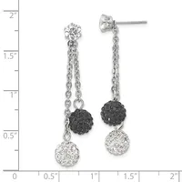 Pair of silver drop earrings with round crystal studs at the top, connected by chains to black and clear crystal ball charms below, shown next to a ruler measuring approximately two inches long.