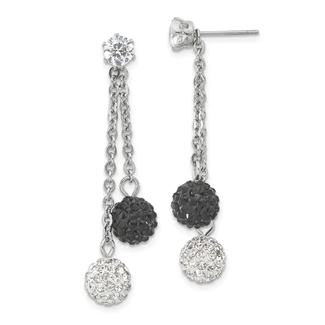 Pair of silver drop earrings with crystal studs at the top, connected by chain links to black and clear crystal ball charms below.