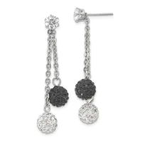 Pair of silver drop earrings with crystal studs at the top, connected by chain links to black and clear crystal ball charms below.