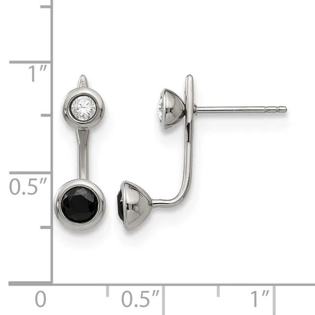 Pair of silver-toned drop earrings with a clear round stone on top and a black round stone on bottom, displayed against a ruler showing approximately one inch in length.