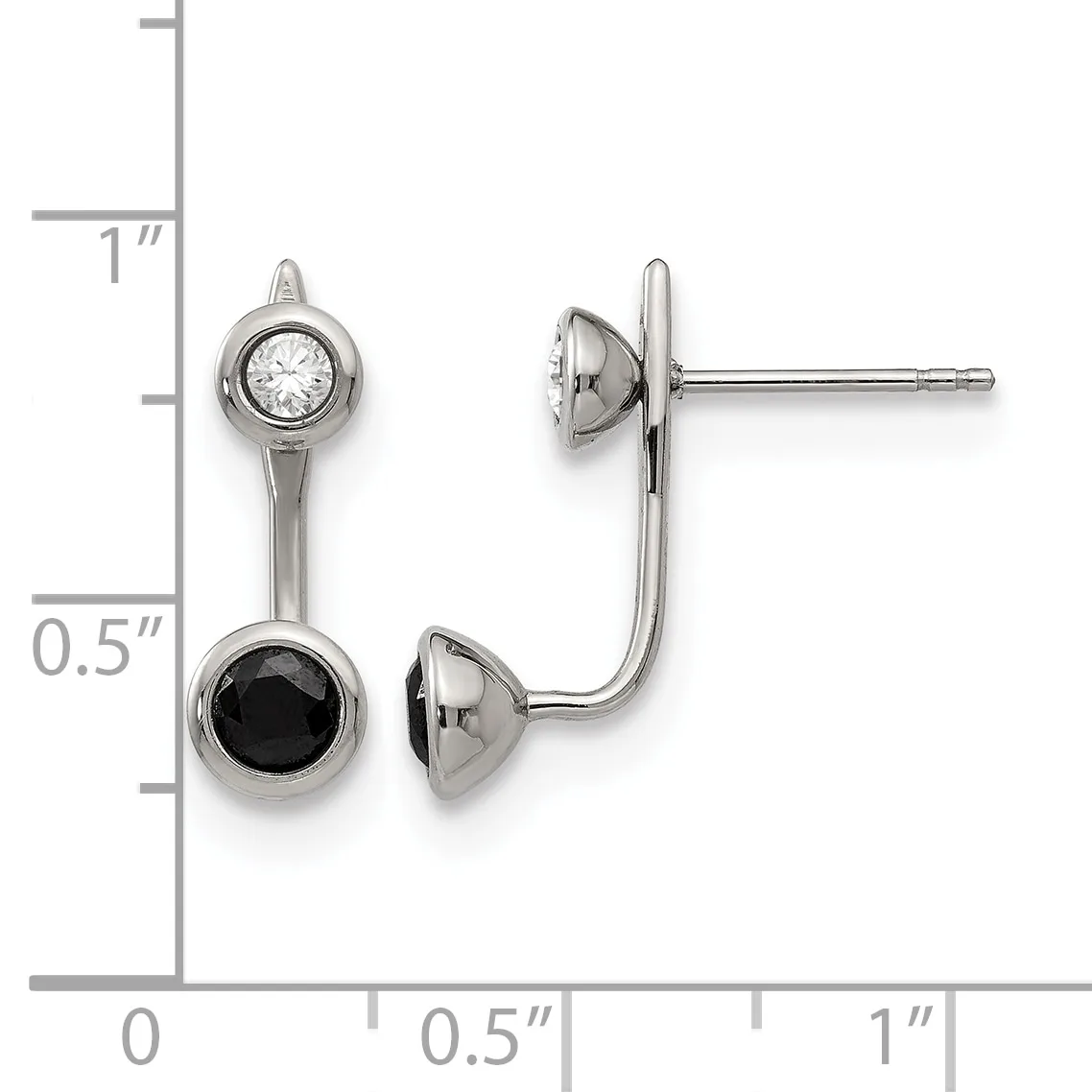 Pair of silver-toned drop earrings with a clear round stone on top and a black round stone on bottom, displayed against a ruler showing approximately one inch in length.