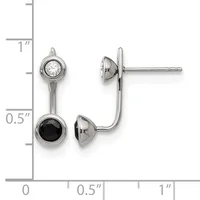 Pair of silver-toned drop earrings with a clear round stone on top and a black round stone on bottom, displayed against a ruler showing approximately one inch in length.