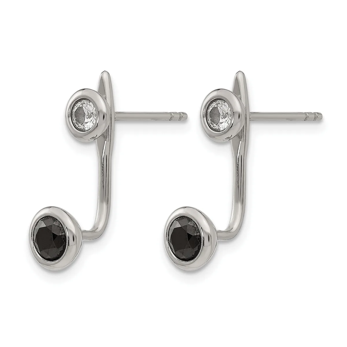 A pair of sterling silver drop earrings with bezel-set round stones, featuring clear crystals on top and black gemstones on the bottom, displayed against a white background.