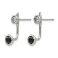 A pair of sterling silver drop earrings with bezel-set round stones, featuring clear crystals on top and black gemstones on the bottom, displayed against a white background.