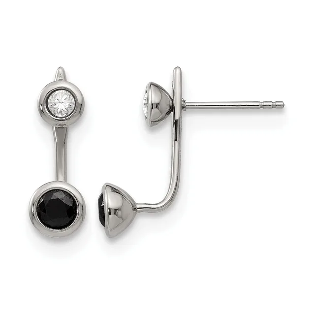 Pair of sterling silver drop earrings with bezel-set round stones, one clear and one black, suspended from curved posts with ball studs.