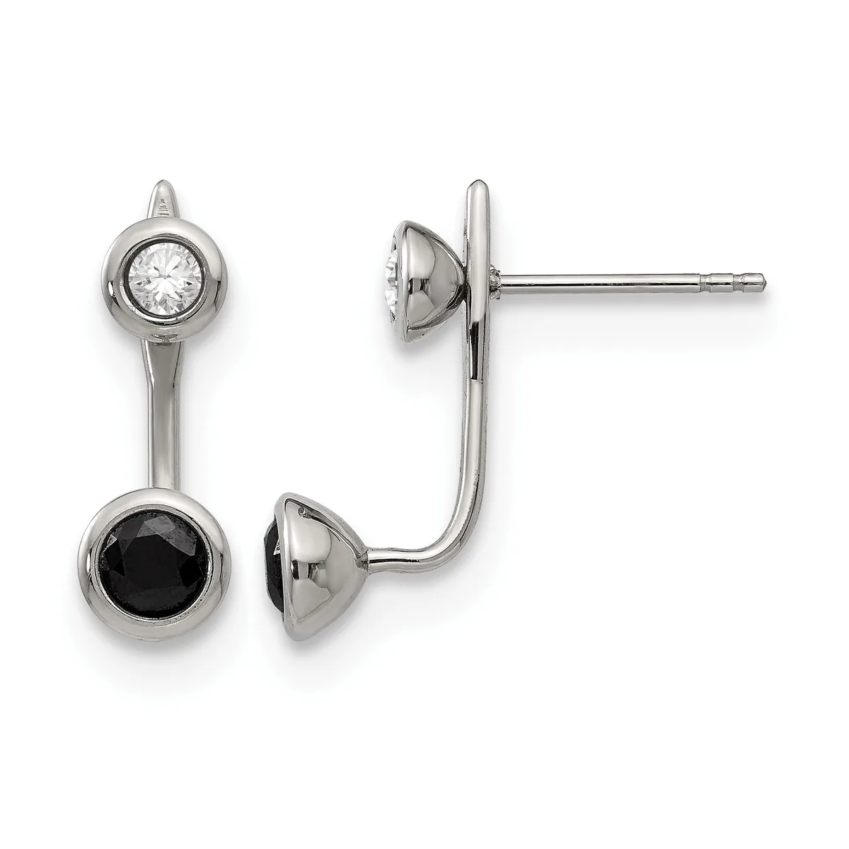 Pair of sterling silver drop earrings with bezel-set round stones, one clear and one black, suspended from curved posts with ball studs.