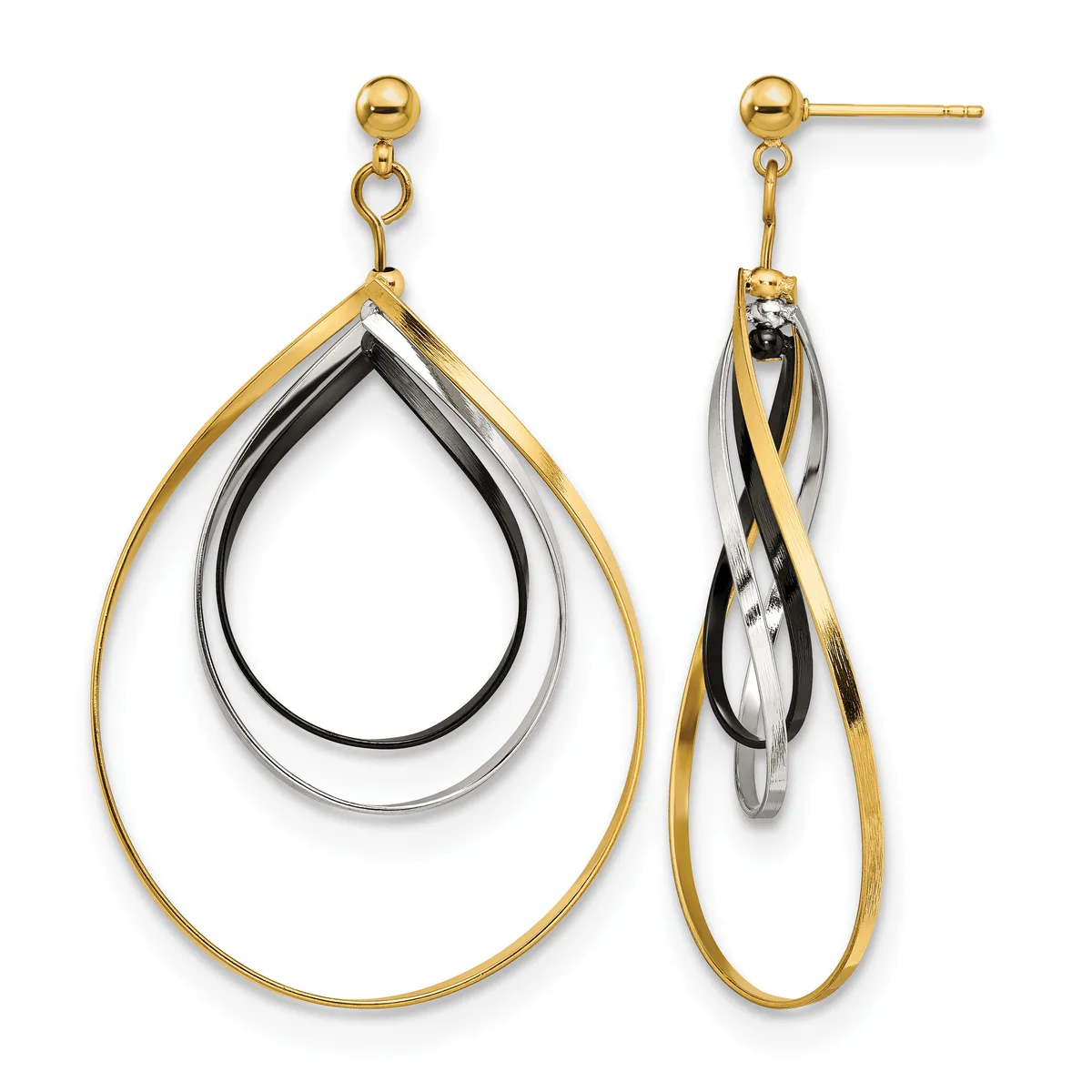 A pair of gold teardrop earrings with nested concentric loops in gold, silver, and black finishes, shown from front and side views.