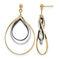 A pair of gold teardrop earrings with nested concentric loops in gold, silver, and black finishes, shown from front and side views.