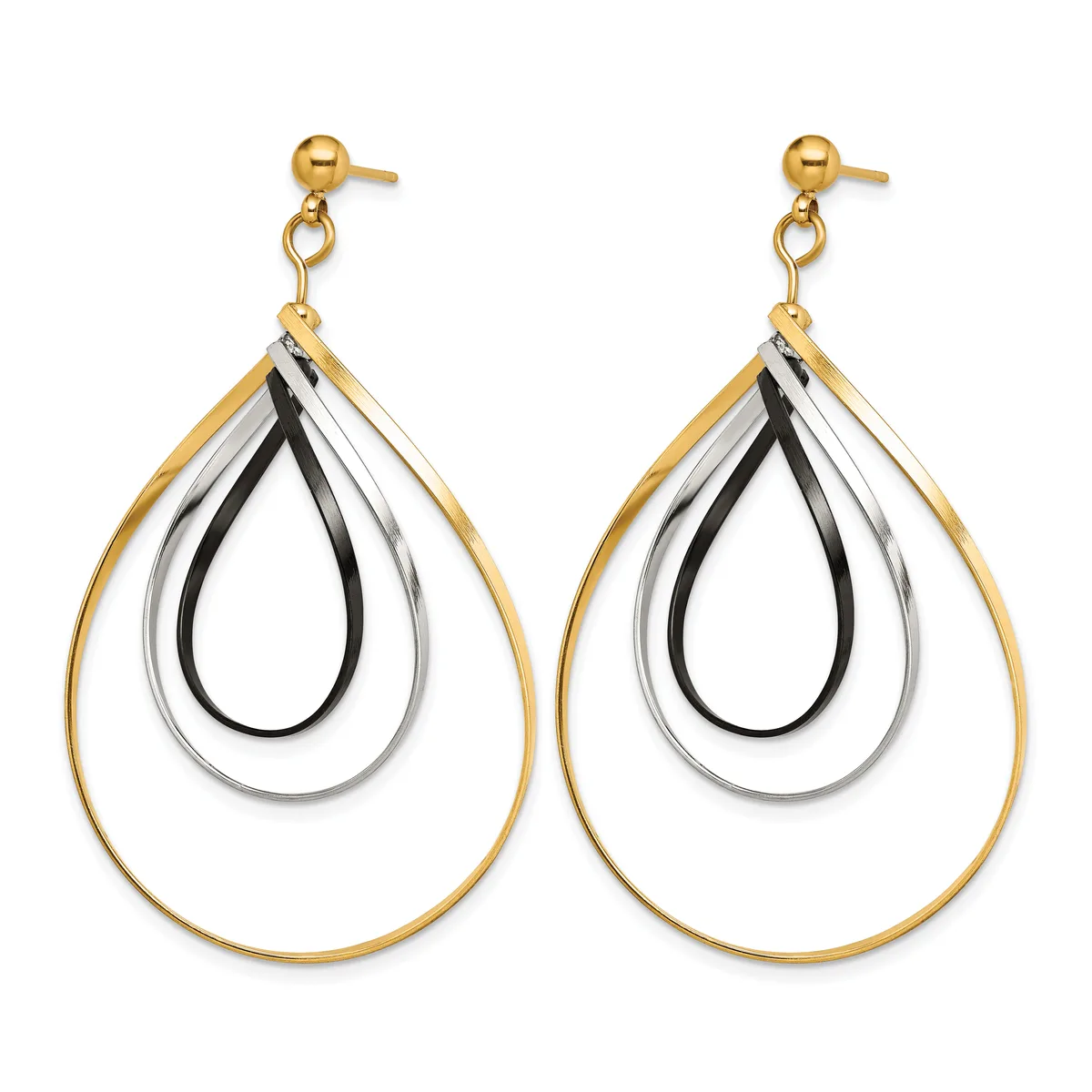 Pair of teardrop dangle earrings with nested gold, silver, and black curved wire loops, shown from the front against a white background.
