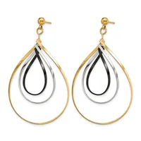 Pair of teardrop dangle earrings with nested gold, silver, and black curved wire loops, shown from the front against a white background.