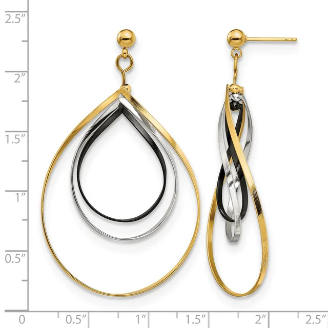 Pair of dangling teardrop earrings with nested gold and silver curved bands, shown front and back against a measurement ruler.