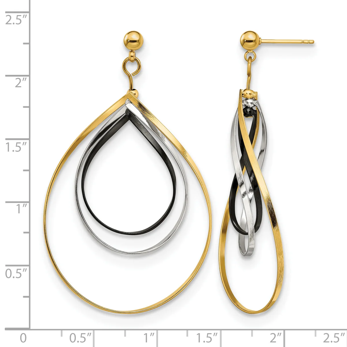 Pair of dangling teardrop earrings with nested gold and silver curved bands, shown front and back against a measurement ruler.