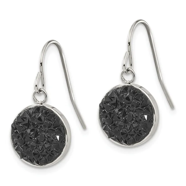Pair of silver drop earrings with round black crackled stone pendants suspended from curved ear wires.