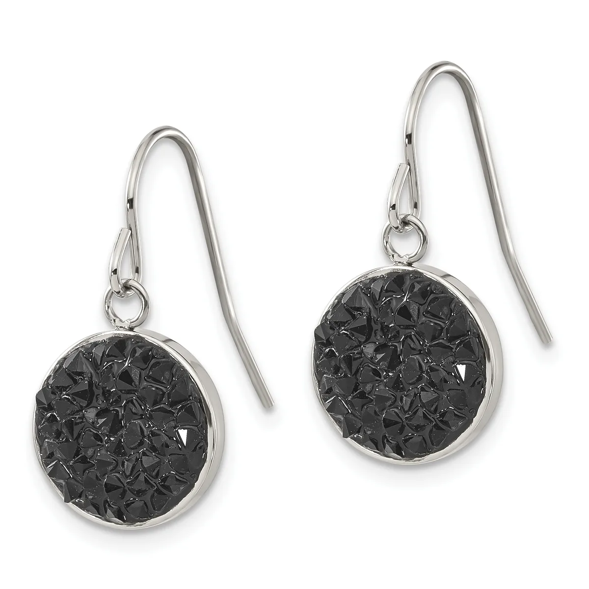 Pair of silver drop earrings with round black crackled stone pendants suspended from curved ear wires.