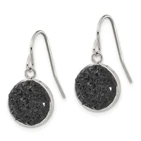 Pair of silver drop earrings with round black crackled stone pendants suspended from curved ear wires.