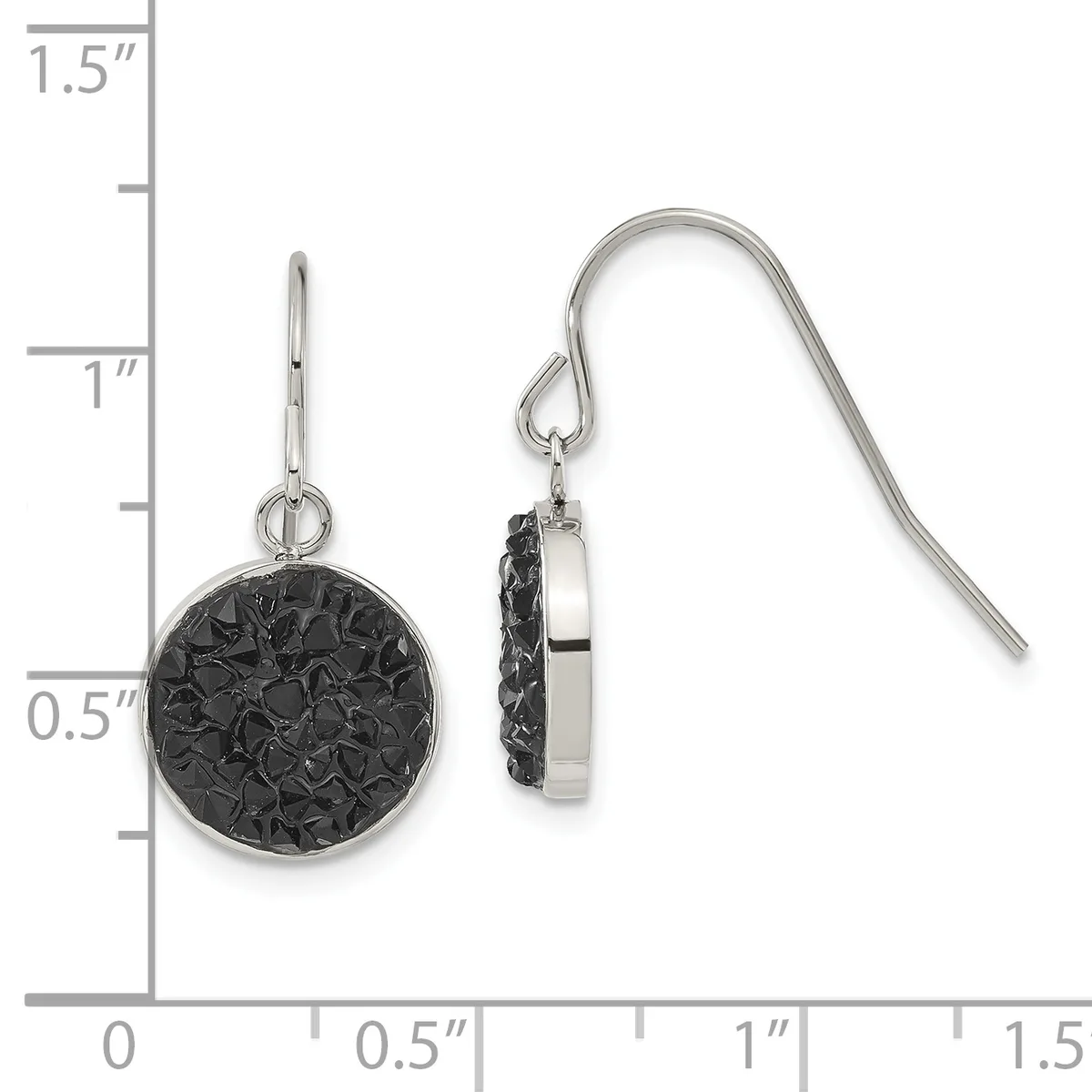A pair of silver-tone dangle earrings with round black textured pendants, shown front and back view against a measurement ruler.