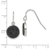 A pair of silver-tone dangle earrings with round black textured pendants, shown front and back view against a measurement ruler.