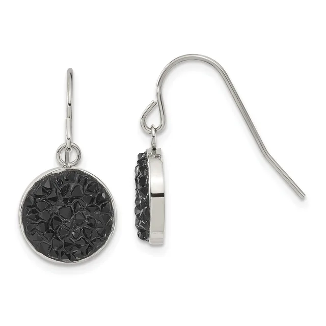 A pair of silver dangle earrings with round black textured stone or resin pendants, displayed front and back views on white background.