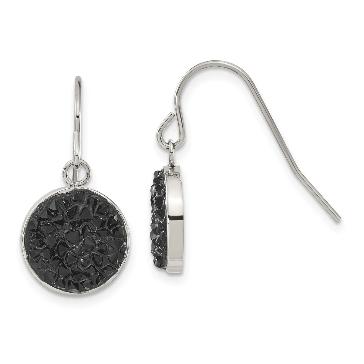 A pair of silver dangle earrings with round black textured stone or resin pendants, displayed front and back views on white background.