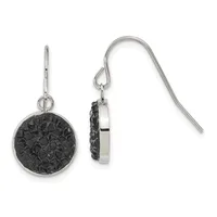A pair of silver dangle earrings with round black textured stone or resin pendants, displayed front and back views on white background.