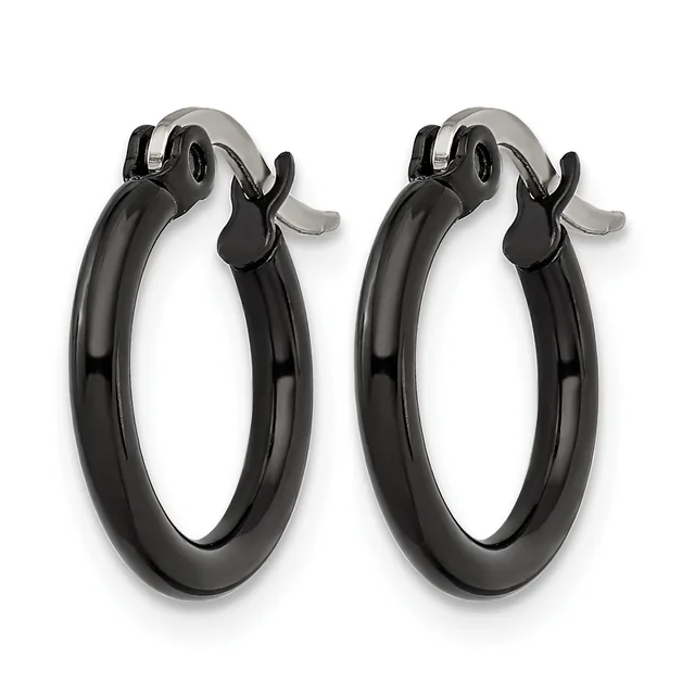 A pair of black hoop earrings with polished surfaces and silver-toned clasp closures, displayed against a white background.