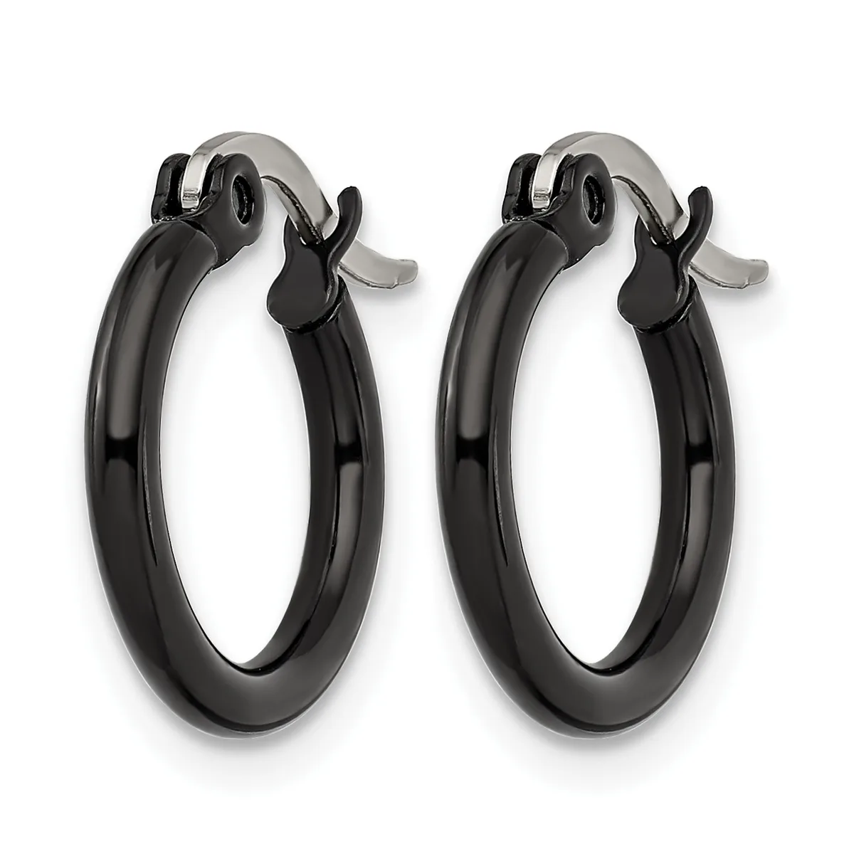 A pair of black hoop earrings with polished surfaces and silver-toned clasp closures, displayed against a white background.