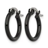 A pair of black hoop earrings with polished surfaces and silver-toned clasp closures, displayed against a white background.