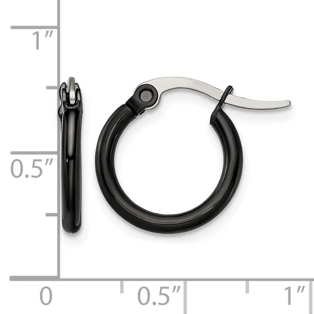 A pair of small black hoop earrings with a polished silver-tone inner surface, shown front and side view against a measurement scale.