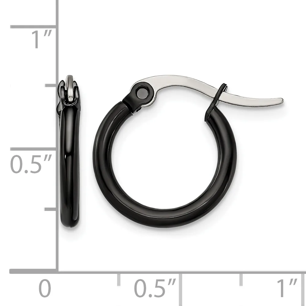 A pair of small black hoop earrings with a polished silver-tone inner surface, shown front and side view against a measurement scale.