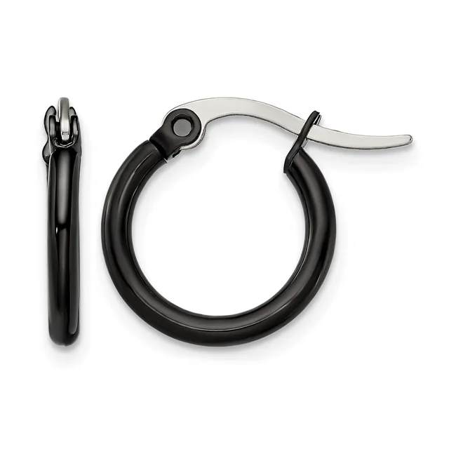 A pair of black hoop earrings with a polished finish and hinged closure, shown from the front and side view.