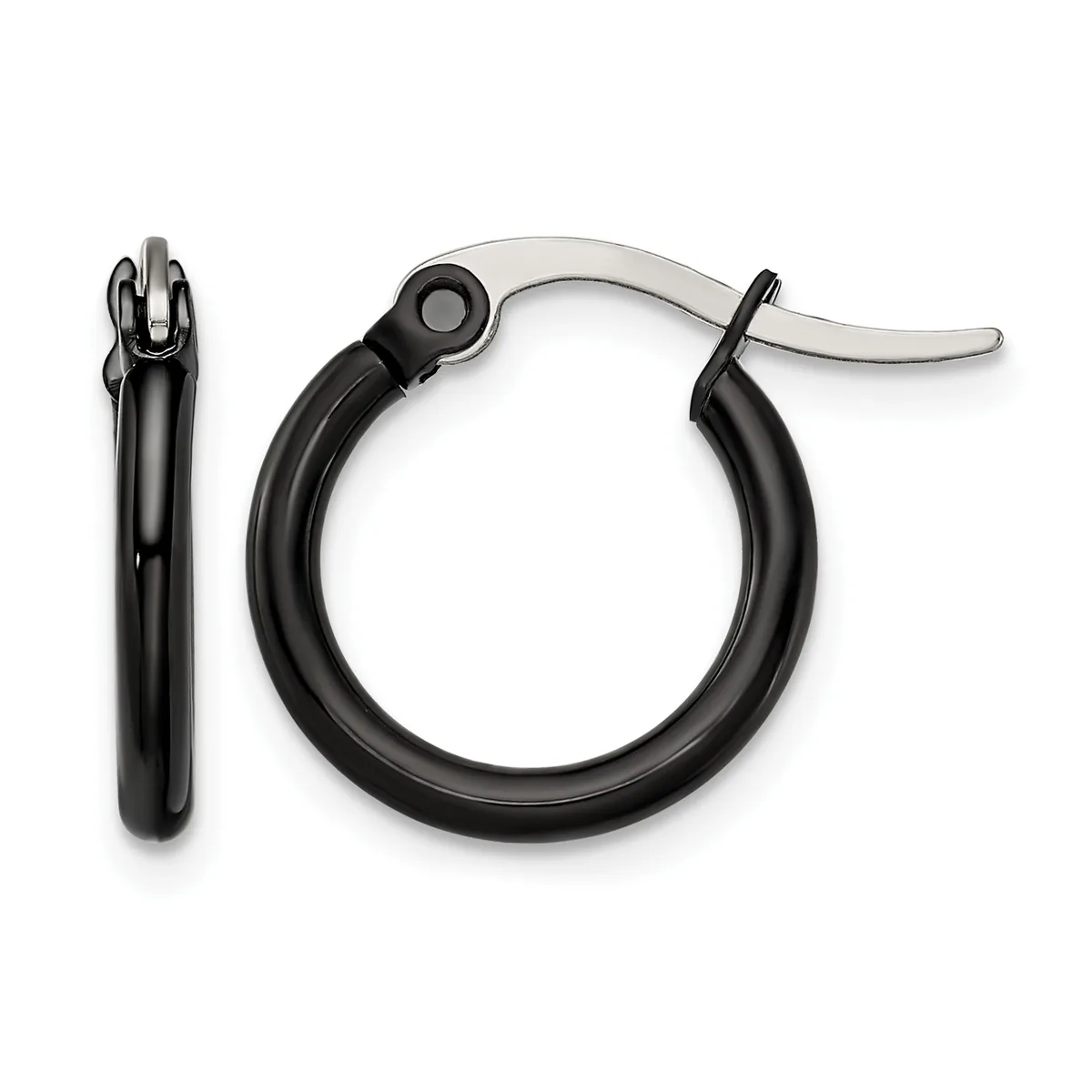 A pair of black hoop earrings with a polished finish and hinged closure, shown from the front and side view.