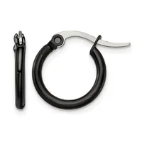 A pair of black hoop earrings with a polished finish and hinged closure, shown from the front and side view.