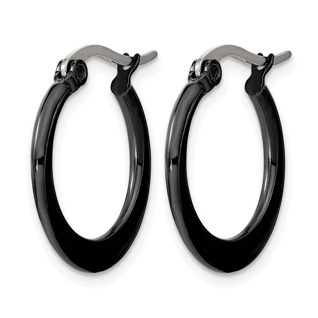 A pair of black polished hoop earrings with curved rectangular profiles and hinged closure posts, displayed against a white background.