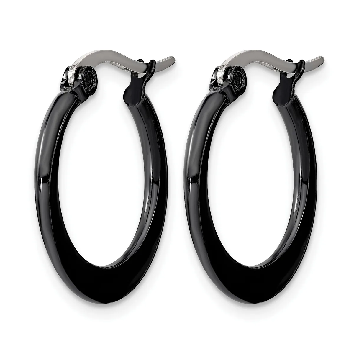 A pair of black polished hoop earrings with curved rectangular profiles and hinged closure posts, displayed against a white background.