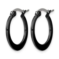 A pair of black polished hoop earrings with curved rectangular profiles and hinged closure posts, displayed against a white background.