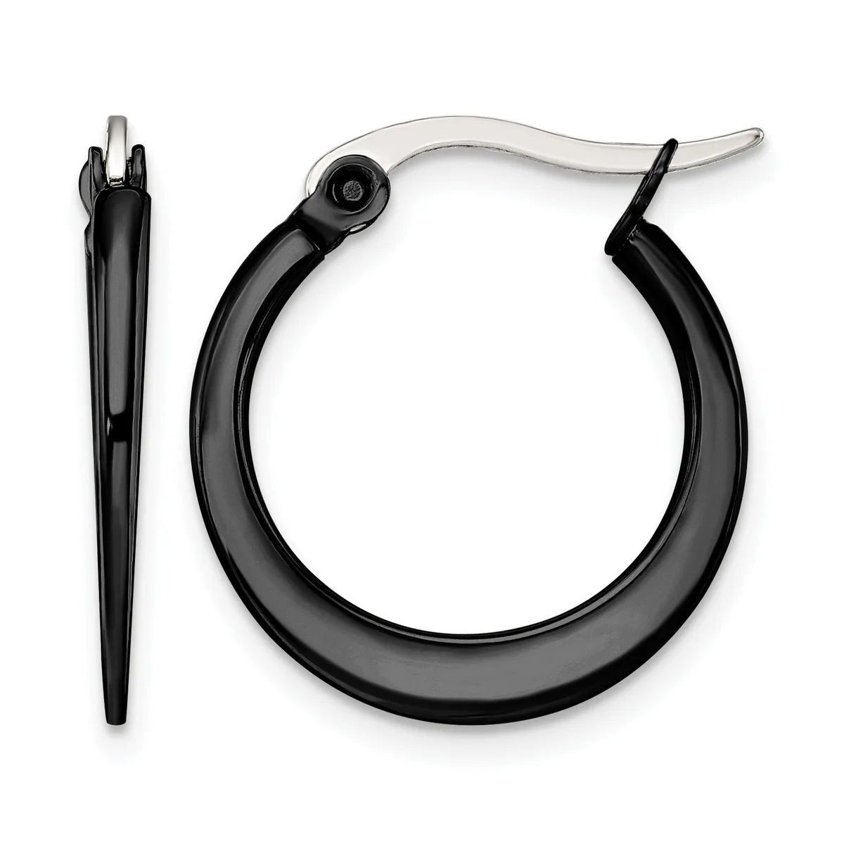 A pair of black hoop earrings with silver-toned posts and backs, shown from front and side views.