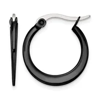 A pair of black hoop earrings with silver-toned posts and backs, shown from front and side views.