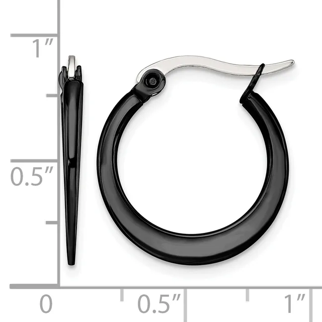 Black hoop earrings with a polished finish, shown from front and side views with a measurement scale indicating approximately one inch in diameter.