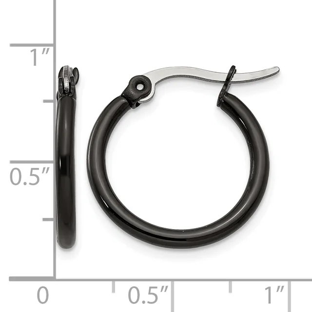 Black hoop earrings with a polished finish and hinged closures, displayed next to a measurement scale showing approximately one inch in diameter.