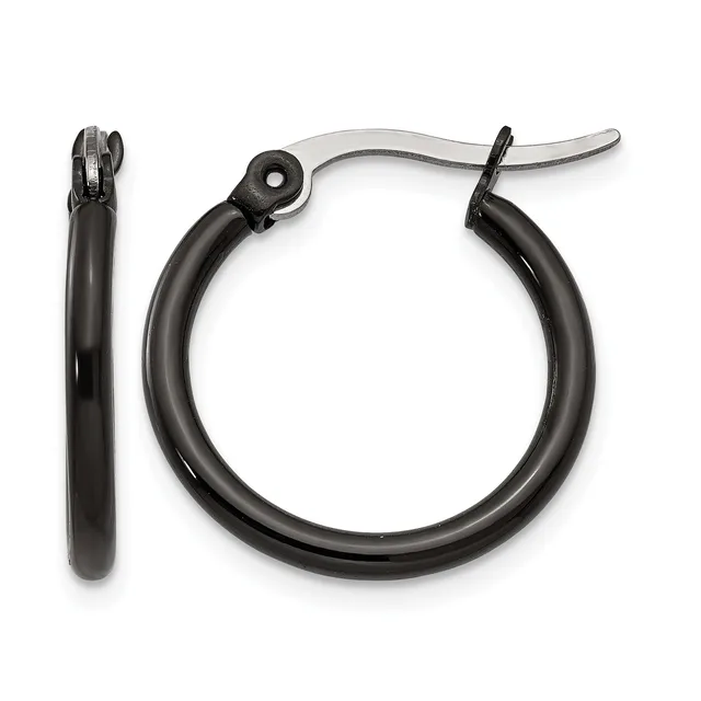 A pair of black hoop earrings with hinged closures, shown from the front and side views against a white background.