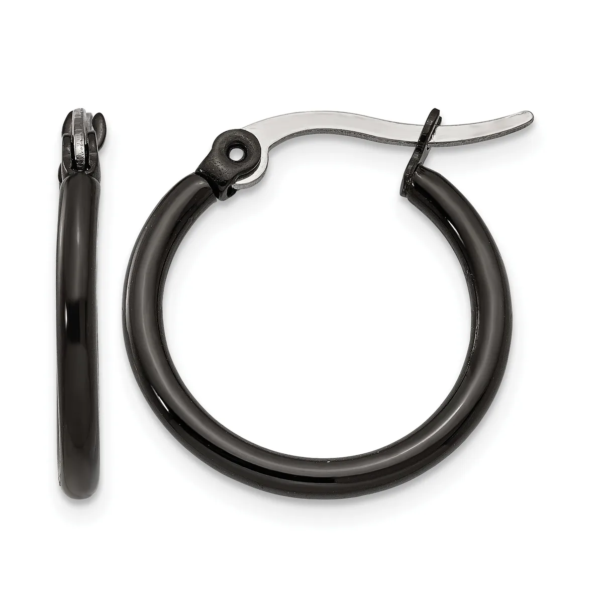 A pair of black hoop earrings with hinged closures, shown from the front and side views against a white background.