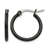 A pair of black hoop earrings with hinged closures, shown from the front and side views against a white background.