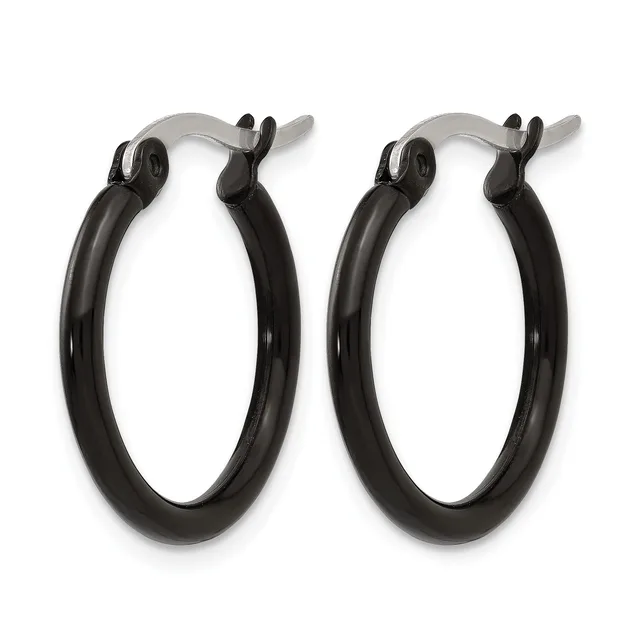 A pair of black hoop earrings with silver-toned hinged closures, displayed side by side against a white background.
