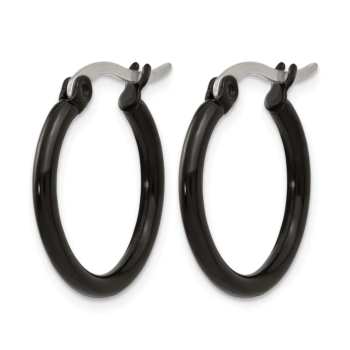 A pair of black hoop earrings with silver-toned hinged closures, displayed side by side against a white background.